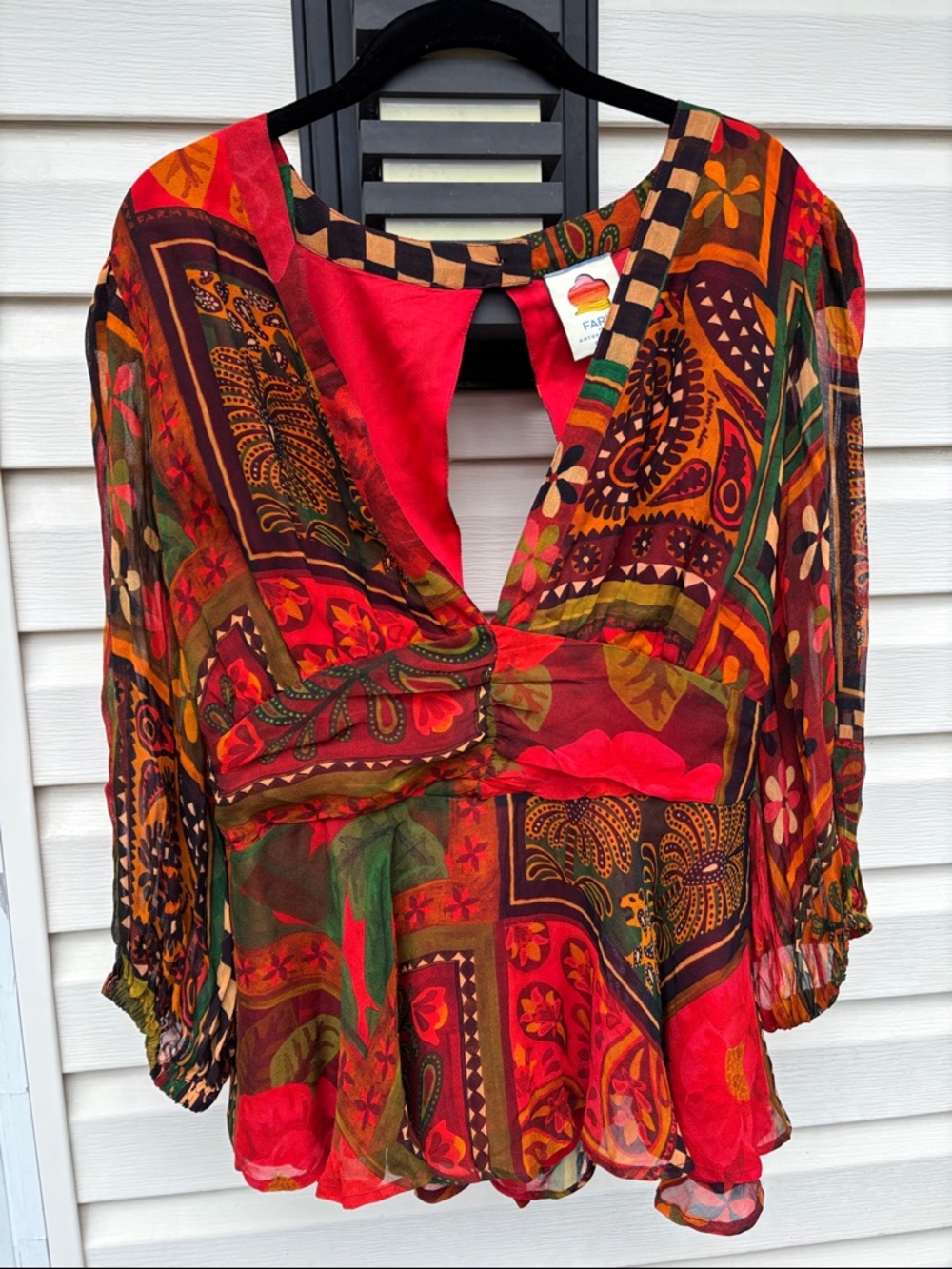 Anthropologie Farm Rio Red Multi Floral Open Back Boho Blouse-L
